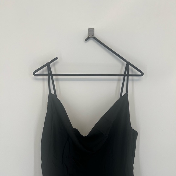 Lulus Satin Cowl Neck Front High Slit Strappy Romantic Maxi Dress In Black - Picture 3 of 10